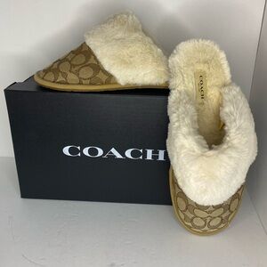 Coach Ziva Slippers Signature Jacquard With Faux Fur In Khaki